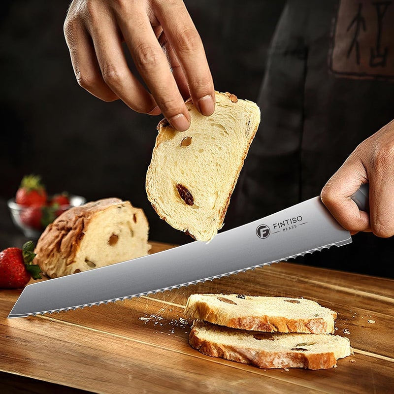 FINTISO Bread Knife 10 Inch, Serrated Bread Cutter with Razor Sharp Japanese High Carbon Stainless Steel Blade & G10 Ergonomic Handle, Wavy Edge Knife for Bread, Cake & Pastries, Ideal Baking Gift - Image 2
